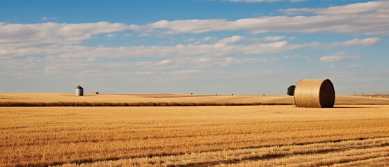 Hay Bale In A Wheat Field With Grain Elevator Feudal