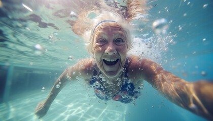 Healthy senior woman swimming under water in public pool