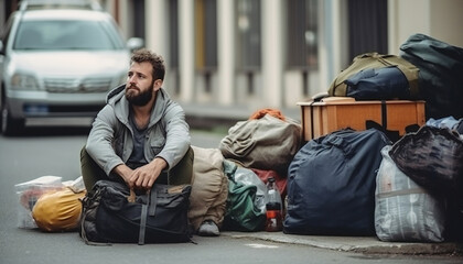 Homeless man sitting on the street with pile of junk, unhappy