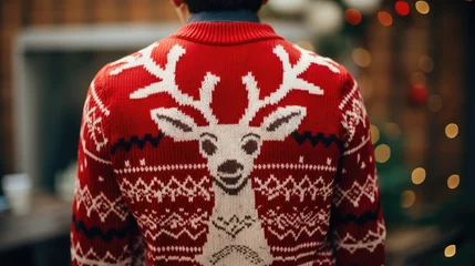 Deurstickers Christmas knitted sweater with deer created with Generative AI technology. © pvl0707