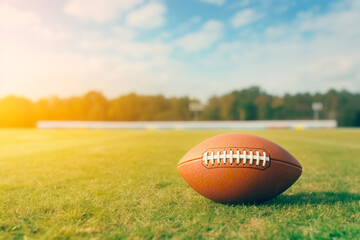 American football ball on a football field with text space. Sport and healthy lifestyle concept. Playing soccer
