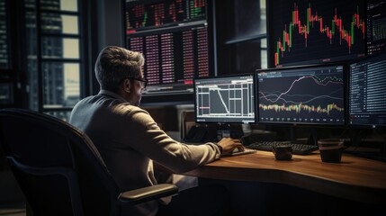 professional trader and investor are seated at the desk, with prominent trading charts on display screens