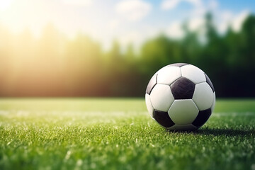 A soccer ball on a soccer field with a place for texts. Sport and healthy lifestyle concept. Playing soccer