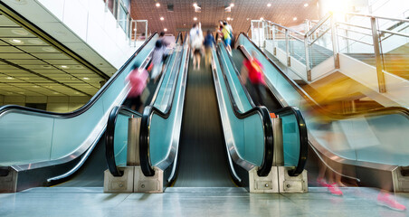 People rushing in the escalator lobby