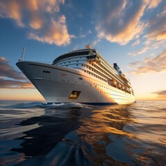 Giant cruise ship at sunset sailing through the sea with a cloudy orange sky on the background. Big cruise liner sailing on a sunny evening with calm water. Large luxury cruise ship in open sea water. - obrazy, fototapety, plakaty