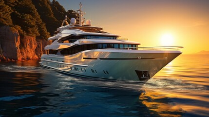 Big luxury yacht at sunset sailing through the sea with a cloudy orange sky on the background. Large superyacht sailing on a sunny evening with clear calm water. Giant mega yacht in the open sea water - obrazy, fototapety, plakaty