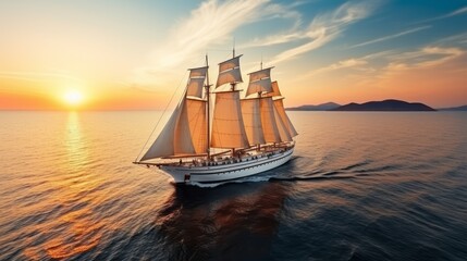 Big sailing ship at sunset sailing through the sea with a blue and orange sky on the background. Large sailing yacht sailing on bright sunny day with clear calm water. Sail vessel in transparent water - obrazy, fototapety, plakaty