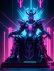A neon cyber Samurai, volumetric lighting, sitting royal core throne, surrounded by metal core armor - Generative Ai