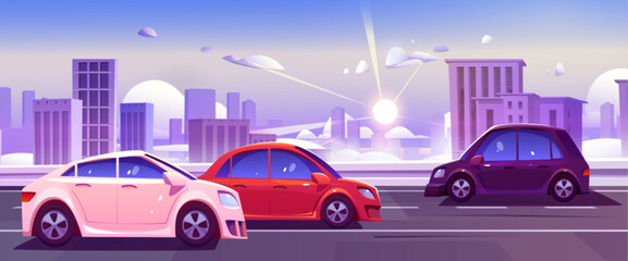Fototapeta na wymiar Winter city road and car on street vector background. Vehicle traffic in morning sunrise speedway with sun ray scenery. Snow season town panorama environment with skyscraper cityscape wallpaper