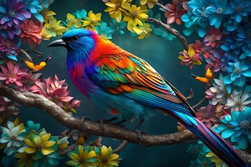 A vibrant and exotic bird with feathers in a mesmerizing array of colors perches gracefully on a lush, flowering branch, its plumage reflecting a kaleidoscope of hues, the intricate patterns 3d render