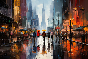 Business people walking in the city. Digital painting.