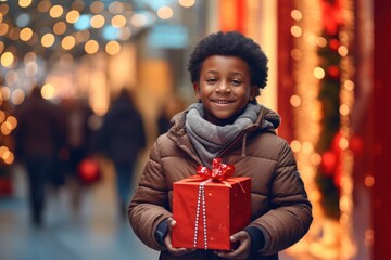 Fototapeta na wymiar Little African American boy with a Christmas gift on the background of the Christmas tree in mall. He is smiling and looking at camera. Christmas sales concept.