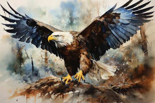 Bald eagle flying over a mountain stream. Watercolor style ilustration.