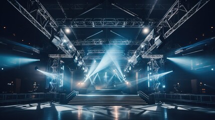 stage with illuminated lights is present in the foreground, and a second stage forms the background - obrazy, fototapety, plakaty