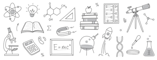 Doodle science, education school icon. Hand drawn sketch style doodle science background. School chemistry, physics education, biology concept icon. Hand drawn line vector illustration.
