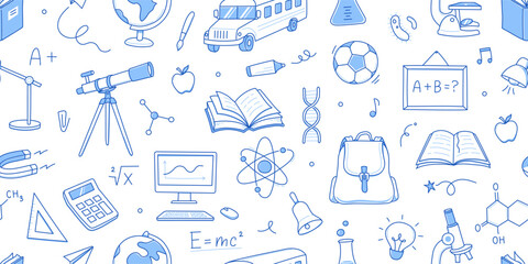 Back to school seamless pattern background. Hand drawn line doodle sketch style back to school pattern. Hand drawn book, bag, globe education elements background. Vector illustration.
