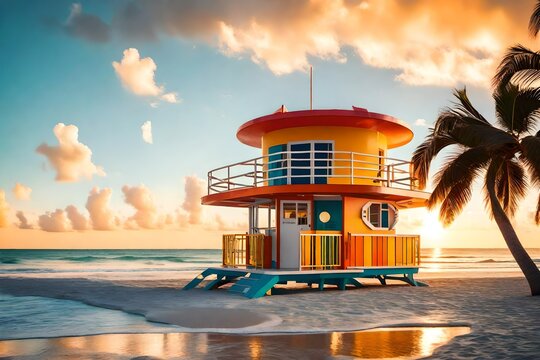 Sunrise in Miami Beach Florida, with a colorful lifeguard house in a typical Art Deco architecture, at sunrise with ocean and sky in the background. 3d render