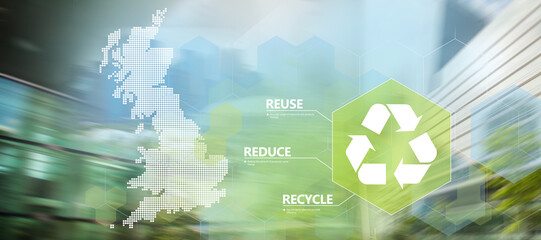 Words reduce reuse recycle on urban blurry background. The Environmental concept of ecological recycle, Vector background with silhouette of Great Britain