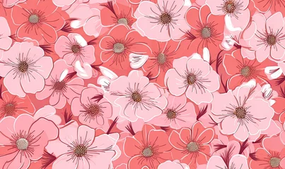 Gardinen Flower pattern with pink flowers on background. Flora summer wallpaper. For banner, postcard, book illustration. Created with generative AI tools © Lidok_L