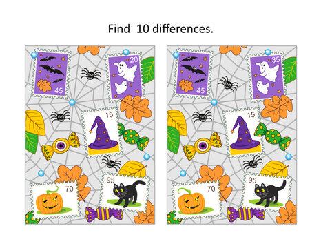 Halloween difference game or puzzle with postage stamps
