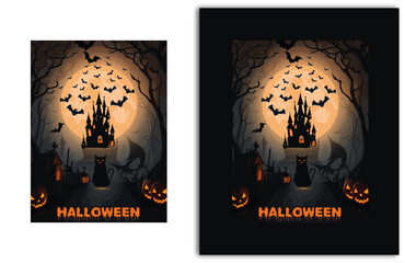 Halloween background with scary pumpkins and bats in a dark forest at night with a party borer background