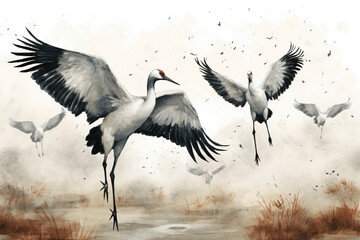 Fototapeta premium flock of cranes painting, crane background design, watercolor style