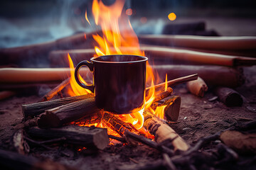 Cozy Campfire Vibes Metal Campfire Enamel Mug with Hot Herbal Tea on Open Fire in Wild Camping Setting. created with Generative AI