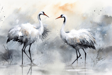  flock of cranes painting, crane background design, watercolor style - obrazy, fototapety, plakaty