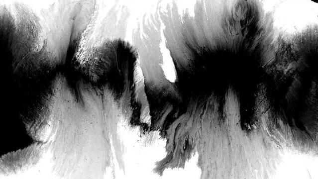 Black ink rorschach effect abstract background artistic flow splatter spots spills white paper beautiful reveal dripping streaks spread fluid ink alpha matte isolated watercolor ink drops transition	
