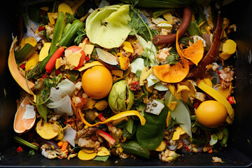 Compost container with mix vegetables and fruits peels and scraps. Outdoor compost bin for reducing kitchen waste. Organic waste in garden composter. Eco friendly gardening, sustainability, ecology