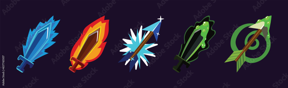 Poster mobile game assets with sword and arrow vector set