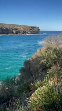 HD Video -Vertical orientation- The nature reserve at Wattamolla Beach - Panning View from above from the walking trail to Providence Point in Royal National Park, South of Sydney, NSW, Australia.