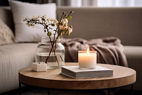 Modern house interior details. Simple cozy beige living room interior with sofa, decorative pillows, wooden table with candles and natural decorations