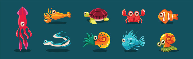 Big Eyed Sea Animal and Marine Creature Vector Set