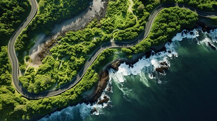 Generative AI, Aerial view of curved asphalt road near the ocean or sea, coastline - obrazy, fototapety, plakaty