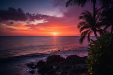 Fototapeta na wymiar A stunning sunset over the ocean with beautiful palm trees