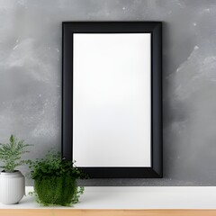 Black empty frame mockup on white wall in modern interior, Artwork template mock up in interior design, View of modern scandinavian style interior with trendy vase 