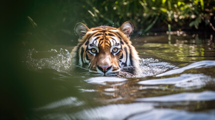 Obraz premium Siberian tiger in the water in the wild.