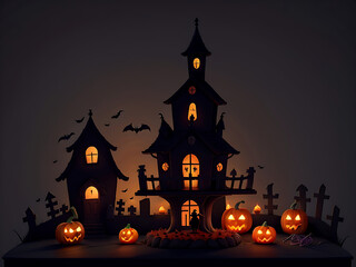 Halloween dark background with pumpkin, Ghost, horror house, bat and nice moon