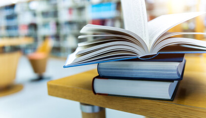 Stack of books opened on library desk