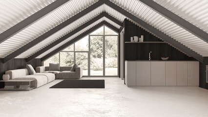 Modern mezzanine in white and dark tones, kitchen and living room with sofa. Iron beams and resin floor. Panoramic window with garden background. Minimalist interior design