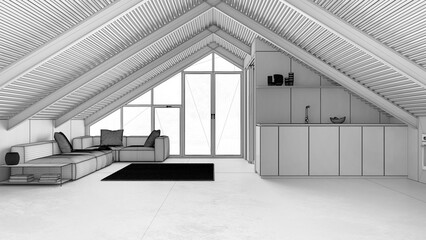 Blueprint unfinished project draft, modern mezzanine, kitchen and living room with sofa. Iron beams and resin floor. Panoramic window. Minimalist interior design