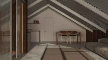 Dark late evening scene, contemporary mansard. Kitchen, living and dining room with sofa and table. Iron beams and resin floor. Minimalist interior design
