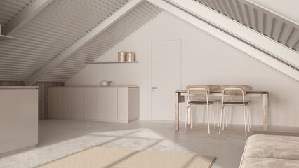Minimal penthouse in white tones. Kitchen, living and dining room with sofa and table. Bleached wooden walls, iron beams and resin floor. Modern interior design