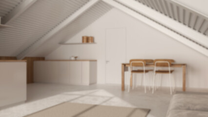 Blurred background, minimal penthouse. Kitchen, living and dining room with sofa and table. Wooden walls, iron beams and resin floor. Modern interior design