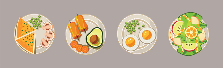 Breakfast Food and Meal Served on Plate Vector Set