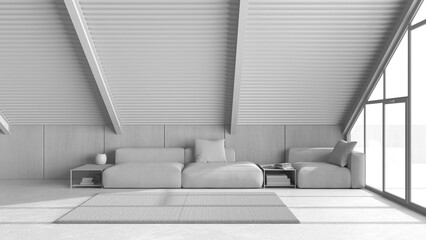 Total white project draft, minimal mansard, living room with velvet sofa. Wooden walls, iron beams and resin floor. Panoramic window with garden. Modern interior design