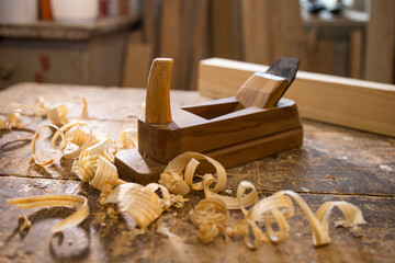 Carpentry tool. Hand plane. Old tools. Joinery tool. Wood shavings, chip