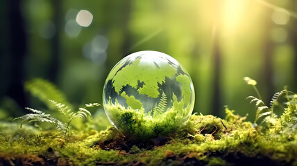 Obraz na płótnie Canvas Globe on moss on forest. Generative ai design.
