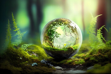 Obraz na płótnie Canvas Globe in the green forest. Generative ai design.
